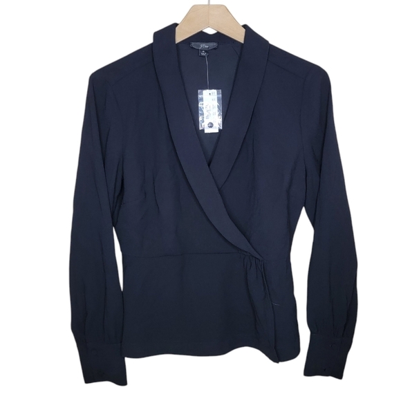 NWT J. Crew | Black Crepe Faux Wrap Long Sleeve Blouse Size 6 - Picture 1 of 9